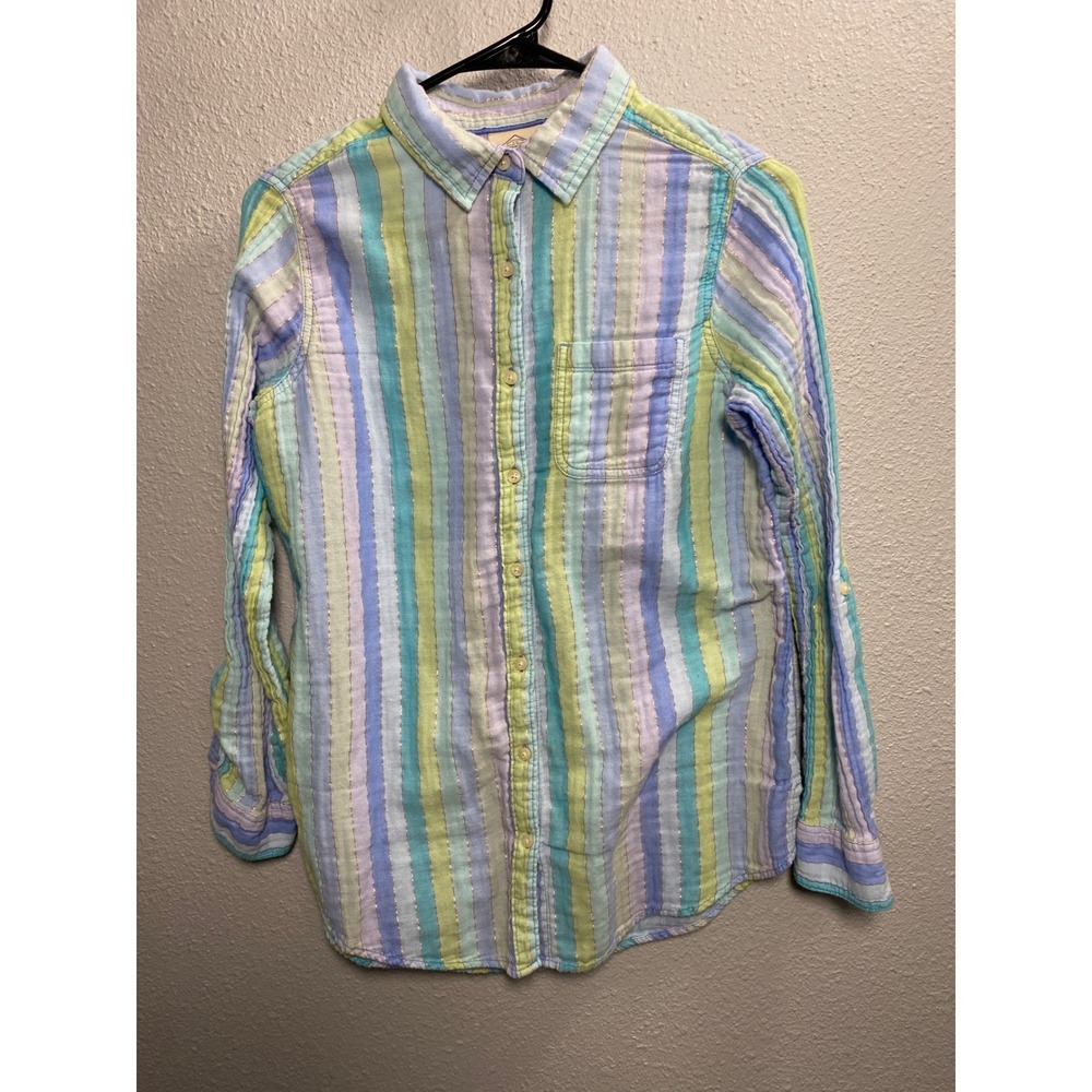 St Johns Bay Womens Medium Tunic Shirt Pastel Stripe Metallic Gauze Roll Tab L/S